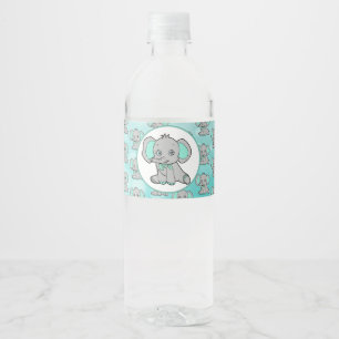 Blauwgroen en grijs Elephant-Baby shower Waterfles Etiket