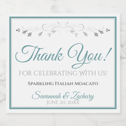 Blauwgroen en grijs huwelijk bedankt sparkling wijnetiket (Enkel label)