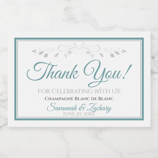Blauwgroen en grijs legant huwelijk bedankt Mini Sparkling Wijnetiket (Enkel label)