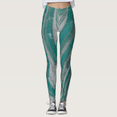 Blauwgroen en grijs Natuurlijke Wavy Patroon Chic Leggings (Voorkant)