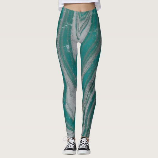 Blauwgroen en grijs Natuurlijke Wavy Patroon Chic Leggings (Voorkant)
