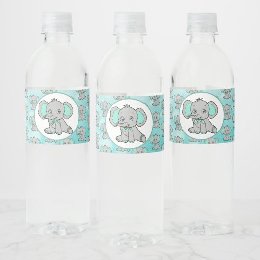 Blauwgroen en grijs Olifant thema Baby shower Waterfles Etiket (Flessen)