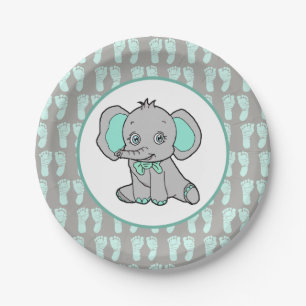 Blauwgroen en grijs Olifant Theme Baby shower Papieren Bordje