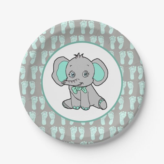 Blauwgroen en grijs Olifant Theme Baby shower Papieren Bordje (Voorkant)