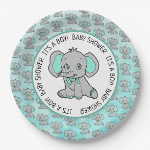 Blauwgroen en grijs Olifant Theme Baby shower Papieren Bordje