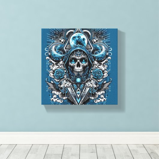 Blauwgroen en Grijs Schedel Canvas Art (Insitu (Houten vloer))