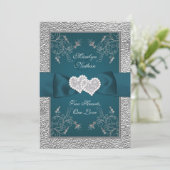 Blauwgroen en grijs verbonden harten bruiloft uitn kaart (Staand voorkant)