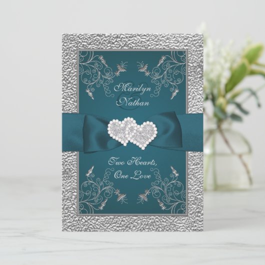 Blauwgroen en grijs verbonden harten bruiloft uitn kaart (Staand voorkant)