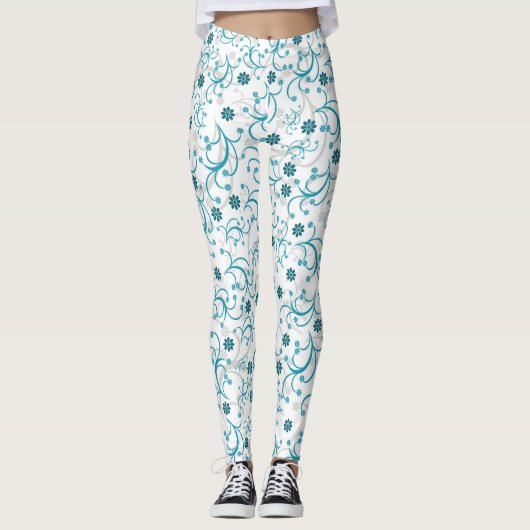 Blauwgroen en grijze Floral Leggings (Voorkant)