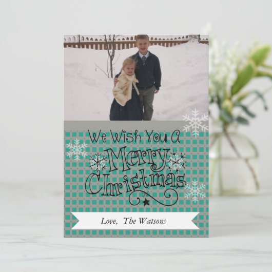 Blauwgroen en grijze kerstfotofeestdag Kaart (Staand voorkant)