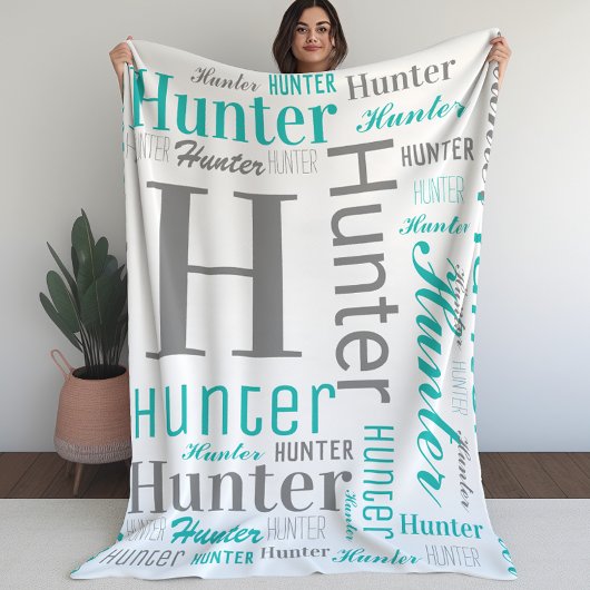 Blauwgroen en grijze naam en monogram Cloud Word A Fleece Deken