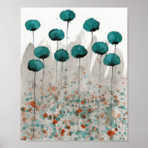 Blauwgroen en Grijze Poppies, Waterverf Flowers Wa