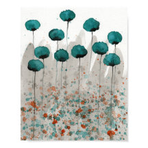 Blauwgroen en Grijze Poppies, Waterverf Flowers Wa