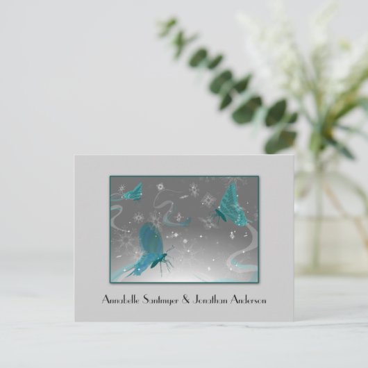 Blauwgroen en grijze vlinders slaan de datum op aankondigingskaart (Staand voorkant)