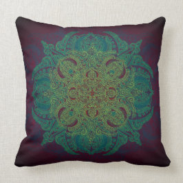Blauwgroen en groen Lacey Mandala over Bourgogne Kussen