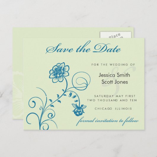 blauwgroen en groen Sla de datum op Aankondigingskaart (Voorkant / Achterkant)