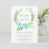 Blauwgroen en groene botanische bloemkrans bruilof kaart (Staand voorkant)