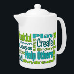 Blauwgroen en groene Inspirerend woorden theepot<br><div class="desc">Een t-mok die wordt bestreken door positieve woorden en zinnen die vrede,  dankbaarheid,  geluk en een positieve houding bevorderen! Overeenkomende mok beschikbaar!</div>