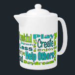 Blauwgroen en groene Inspirerend woorden theepot<br><div class="desc">Een t-mok die wordt bestreken door positieve woorden en zinnen die vrede,  dankbaarheid,  geluk en een positieve houding bevorderen! Overeenkomende mok beschikbaar!</div>