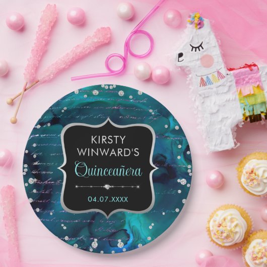 Blauwgroen en Iridescent Glitter Letters Quinceane Papieren Bordje (Feest)