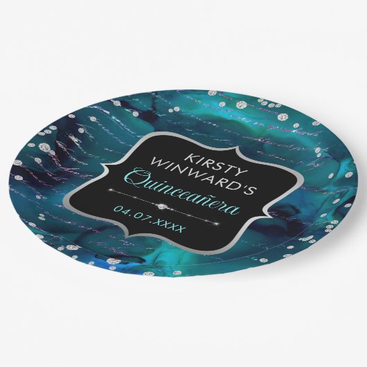 Blauwgroen en Iridescent Glitter Letters Quinceane Papieren Bordje (Gekanteld)