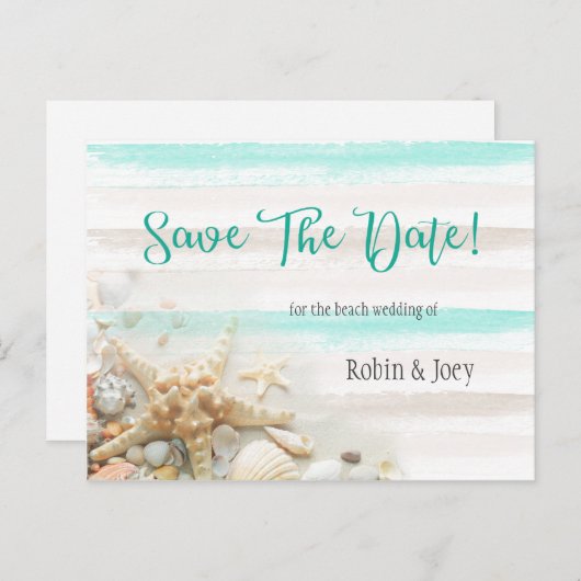 Blauwgroen en ivoren strepen Seashells Save The Da Aankondigingskaart (Voorkant / Achterkant)