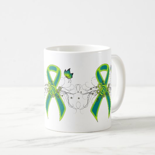 Blauwgroen en kalkgroen lint met Mok van de vlinde (Voorkant rechts)