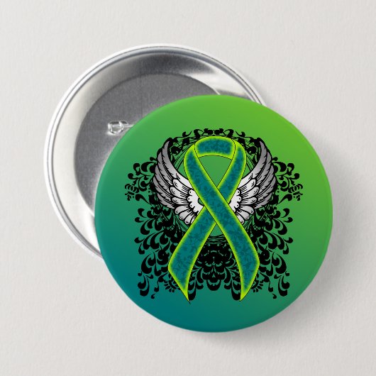 Blauwgroen en kalkgroen lint met vleugels ronde button 7,6 cm (Voorkant /achterkant)