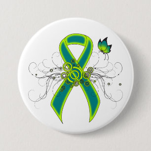 Blauwgroen en kalkgroen lint met vlinder ronde button 7,6 cm