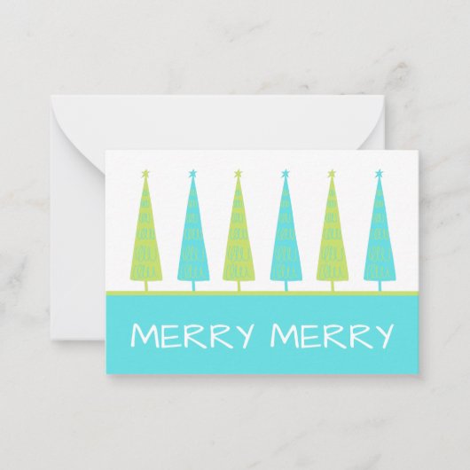 Blauwgroen en kalkgroene kerstbomen op maat notitiekaartje (Voorkant)