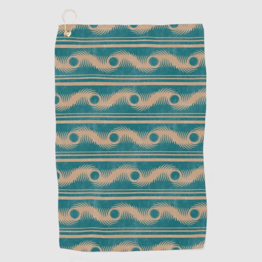 Blauwgroen en karamel spiraal geometrisch gestreep golfhanddoek (Voorkant)