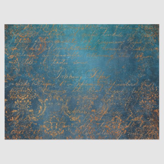 Blauwgroen en Koper Patina Kalligrafie Tissuepapier (Voorkant)