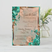 Blauwgroen en koperbloemhuwelijk save the date (Staand voorkant)