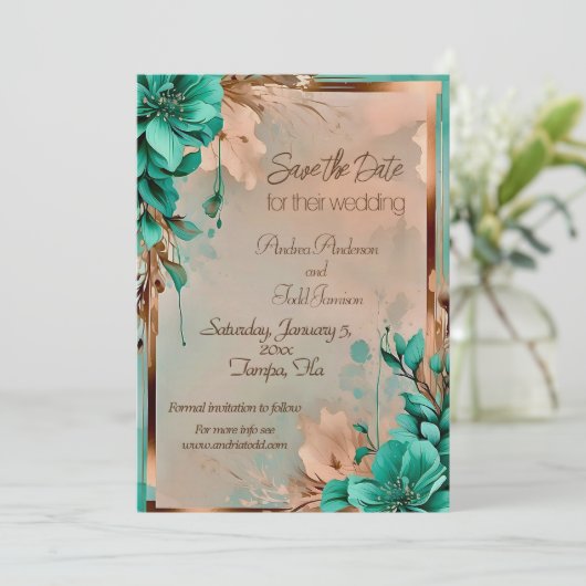 Blauwgroen en koperbloemhuwelijk save the date (Staand voorkant)