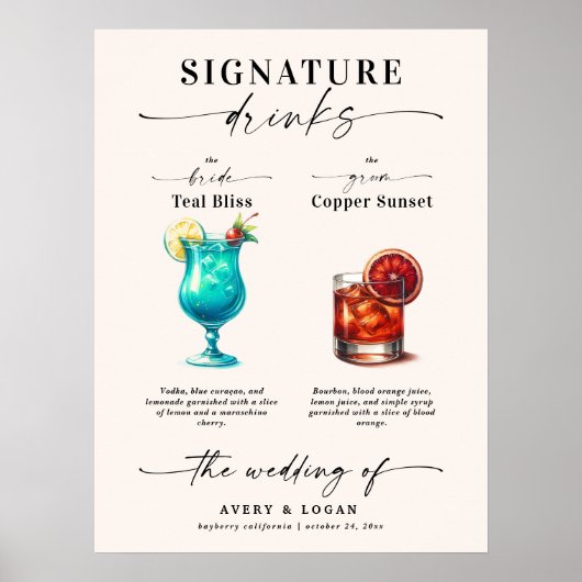 Blauwgroen en koperen bruid & bruidegom Signature Poster (Voorkant)