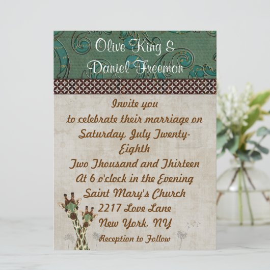 Blauwgroen en koperen Giraffes Weddenschap Kaart (Staand voorkant)