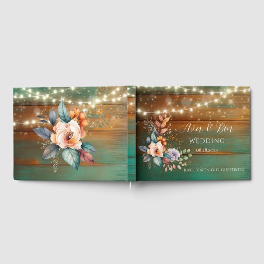 Blauwgroen en koperhout bloemlichten bruiloft gastenboek (Volledig)