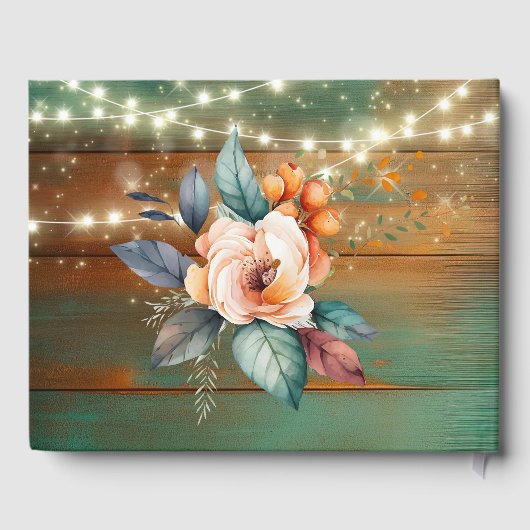 Blauwgroen en koperhout bloemlichten bruiloft gastenboek (Achterkant)