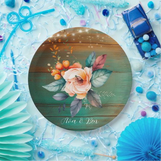Blauwgroen en koperhout bloemlichten bruiloft papieren bordje (Feest)