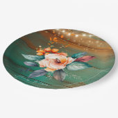 Blauwgroen en koperhout bloemlichten bruiloft papieren bordje (Gekanteld)