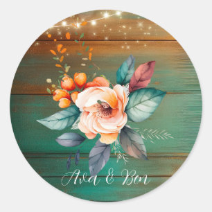 Blauwgroen en koperhout bloemlichten bruiloft ronde sticker