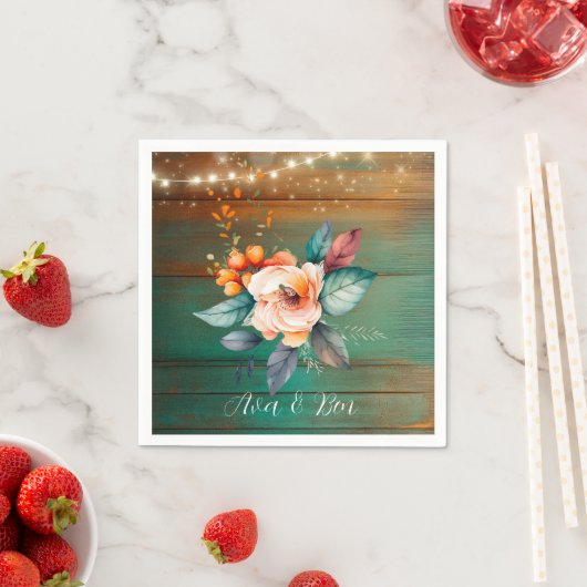 Blauwgroen en koperhout bloemlichten bruiloft servet (Insitu)