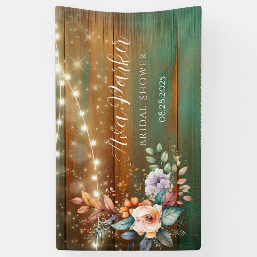 Blauwgroen en koperhout bloemlichten Vrijgezellenf Spandoek (Verticaal)