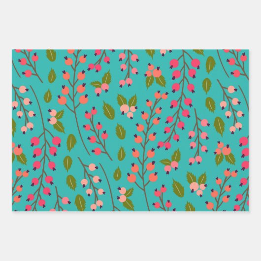 Blauwgroen en koraal Berry Pattern Inpakpapier Vel (Voorkant 3)