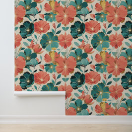 Blauwgroen en koraal Bloom Gold Accent Modern Flor Behang