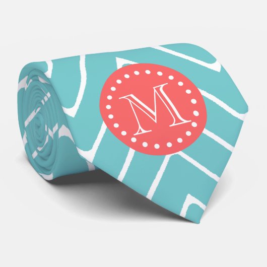 Blauwgroen en koraal Chevron met aangepast monogra Stropdas (Opgerold)