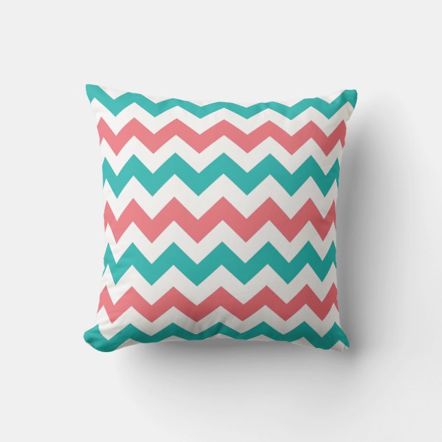 Blauwgroen en koraal Chevron Zig Zag Striped Pillo Kussen (Voorkant)