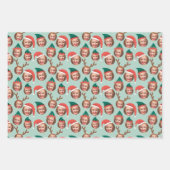 Blauwgroen en Koraal Kerstbemanning Drie Foto Cust Inpakpapier Vel (Voorkant)