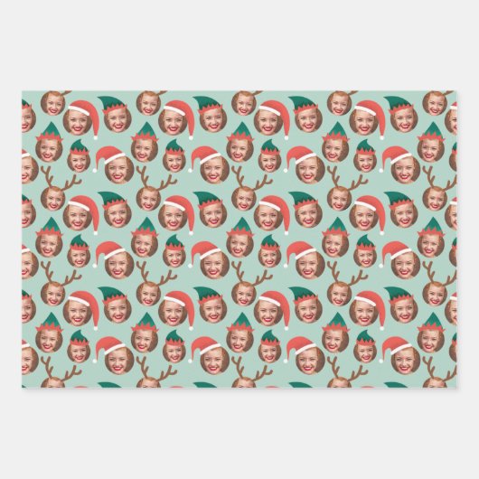 Blauwgroen en Koraal Kerstbemanning Drie Foto Cust Inpakpapier Vel (Voorkant)