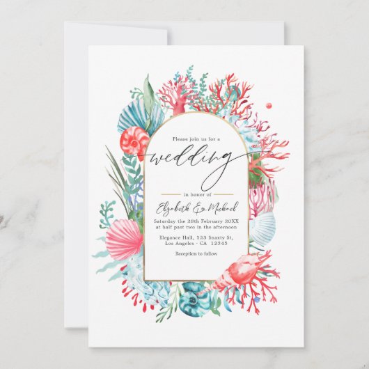 Blauwgroen en koraal kustbestemming bruiloft QR-co Kaart (Voorkant)